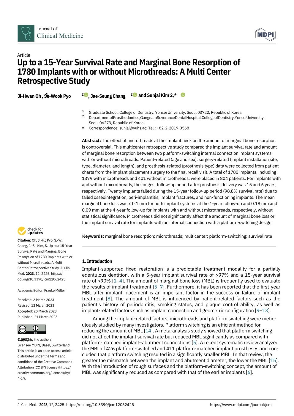 국제학술지 Journal of Clinical Medicine에 실린 임플란트 15년 추적 연구 논문, 제1저자